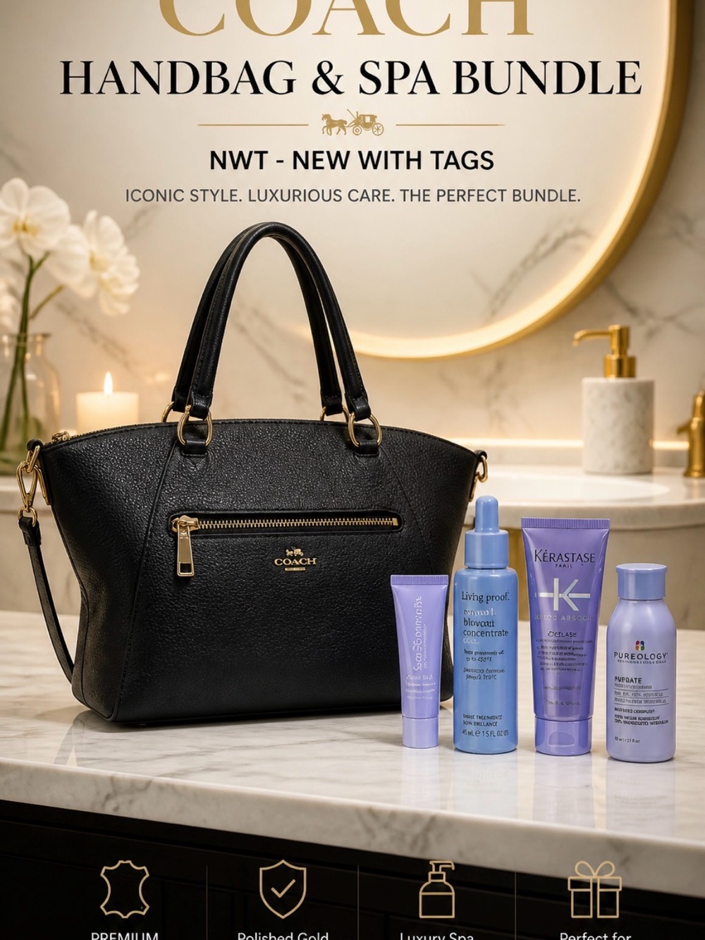 Coach Black Leather Tote with Gold Hardware& spa bundle